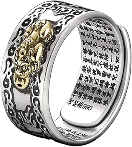 PUREUV Feng Shui Pixiu Mani Mantra Ring Buddhist Good Luck Amulet Mantra Double Protection Wealth Love Health Ring Gift For Men Women -Glod