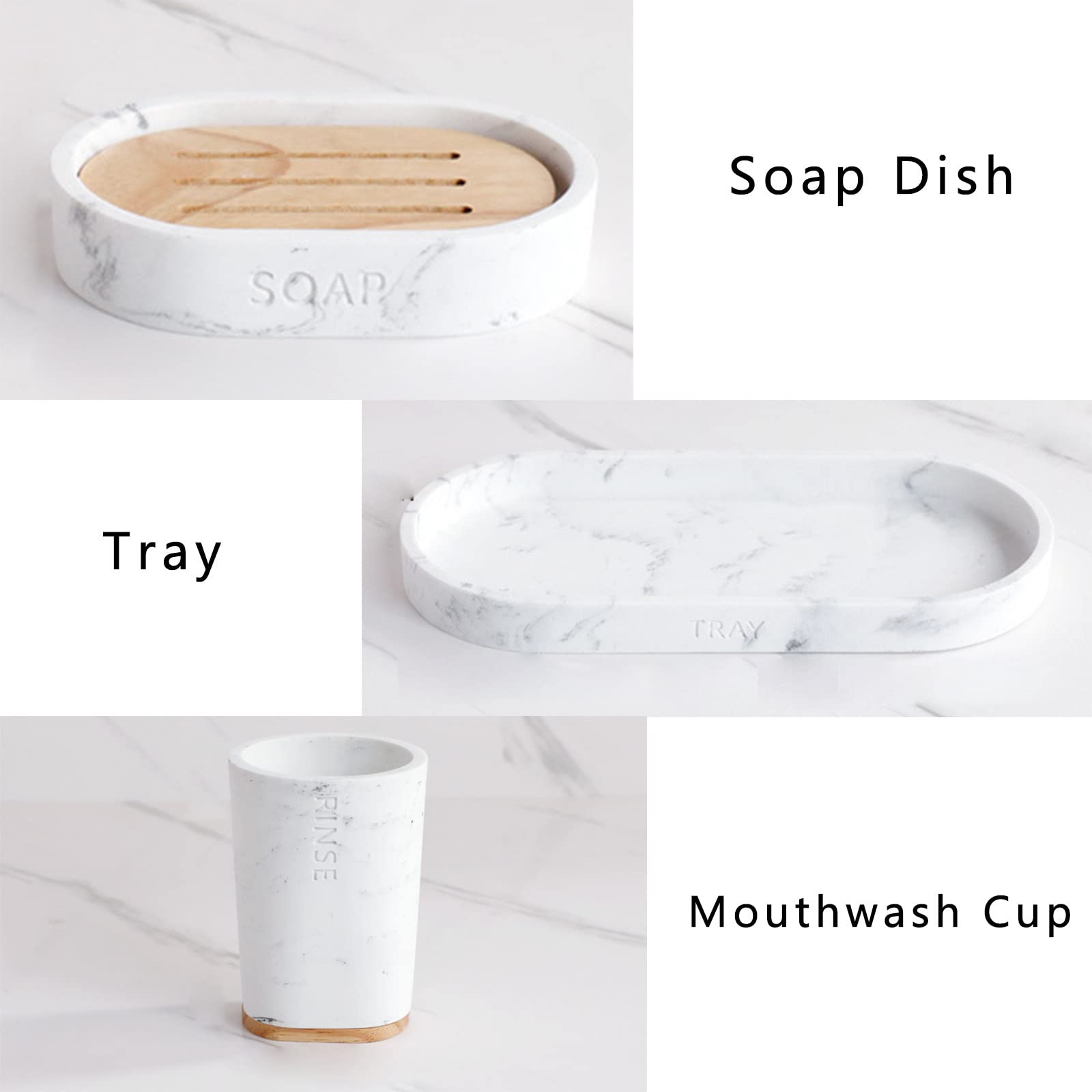 Juegos de Accesorios de baño, Simple Madera Acesorios Cuartos de Baño 5 Piezas con Escobillas de Baño Dispensador Jabon Baño Jabonera Baño Porta Cepillo de Dientes Blanco