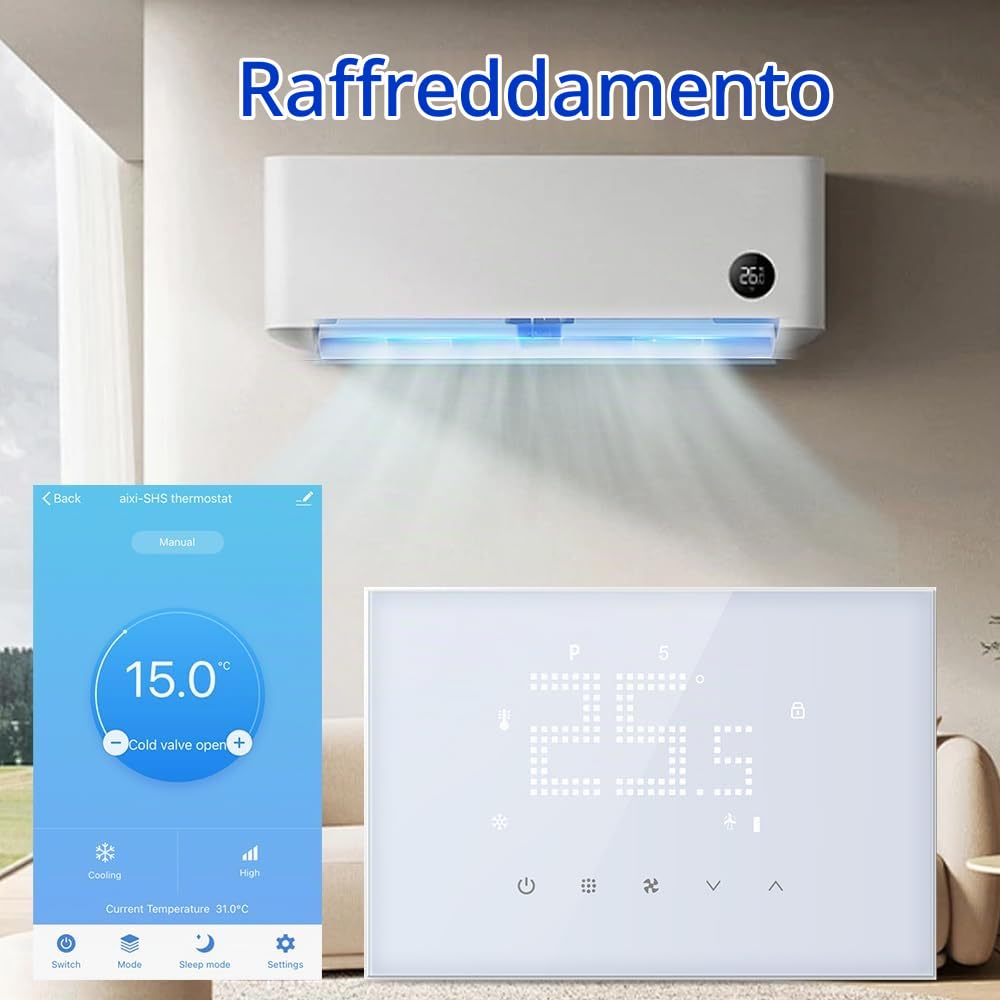 Termostato Fancoil wifi Tuya Termostato Intelligente per Condizionatore Centrale, Programmabile per Ventilconvettore Raffreddamento Riscaldamento, Compatibile con Alexa