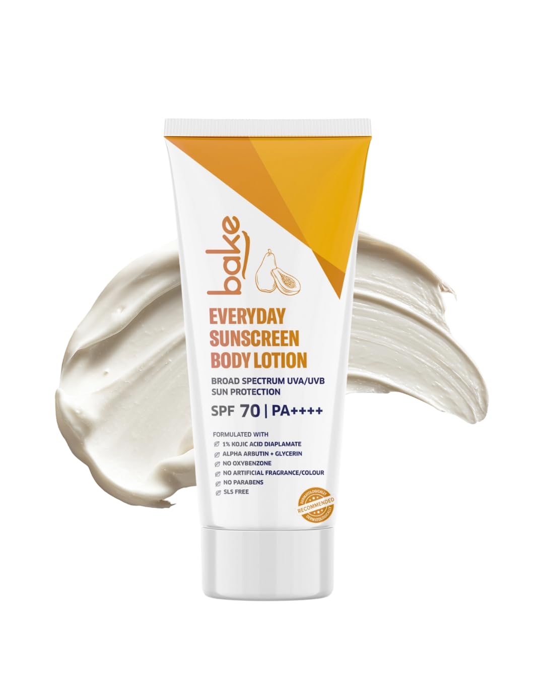 BAKE Everyday Brightening SPF 50 PA+++ Body Sunscreen Lotion | De-Tan Body Lotion | 2% Kojic Acid, Alpha Arbutin | Broad Spectrum UVA & UVB Protection | For Tan Removal, Sun Protection - 200ml