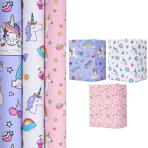 Imagen de Rollo de Papel para Envolver Regalos de Cumpleaños: 3 Rollos de 43 cm x 3 m con Estampado de Unicornio Morado