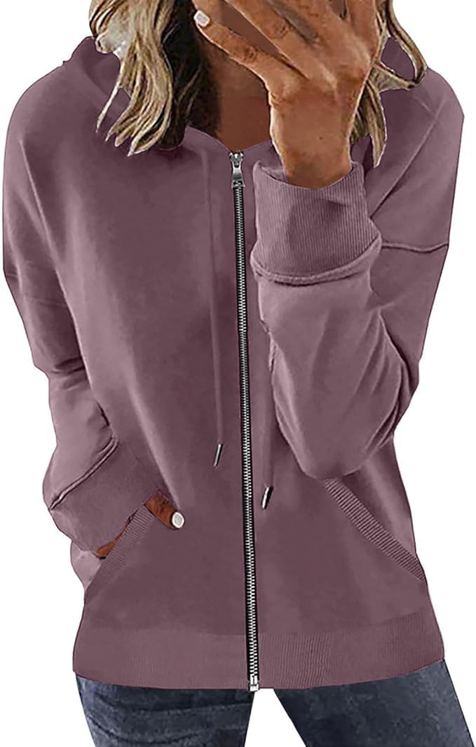 Womens Long Sleeve Open Front Zip Up Hoodies Drawstring Cardigan Hooded Sweatshirt Fashion Sweaters with Pockets