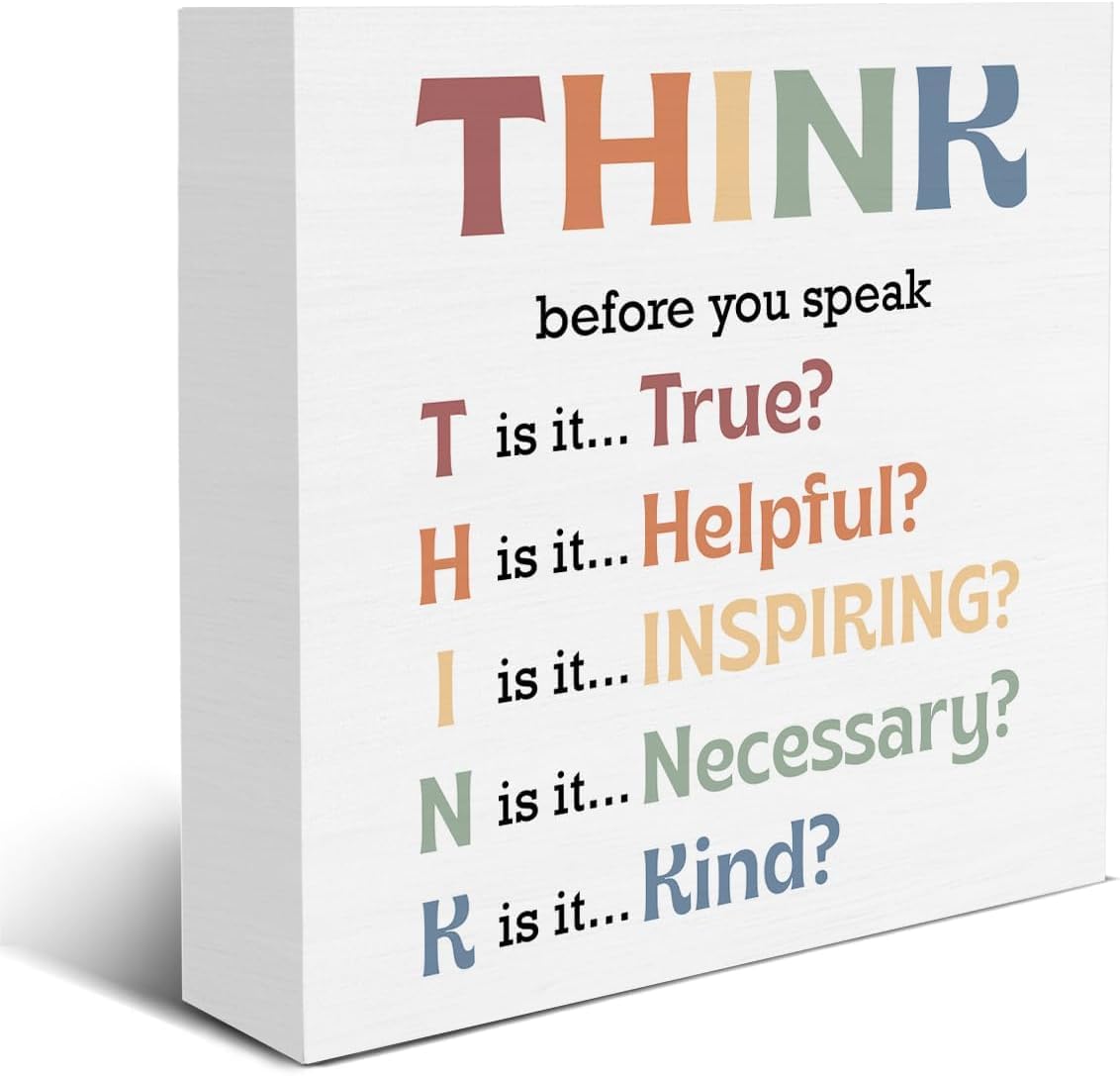 Think Before You Speak Box Sign 5x5 Inch Inspirational Desk Decor