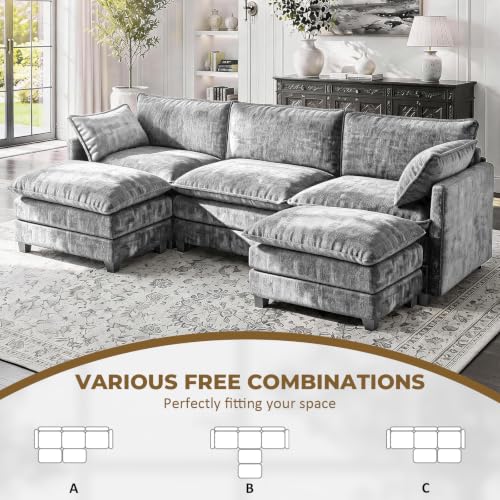 Image of 112 inch U-Shape Modular Sofa with 2 Ottomans, Deep Seat Cloud Convertible Sleeper, 2 Arm Pillows, Cozy Upholstered Furniture for Living Room Apartment, Dark Grey