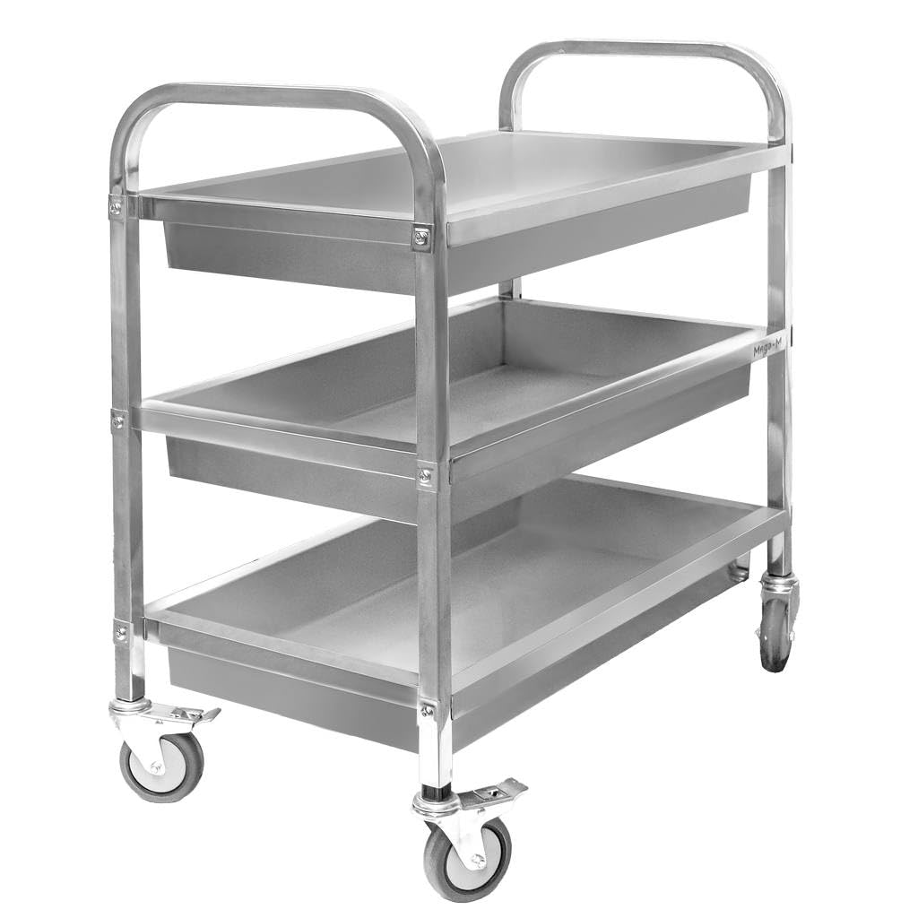 Mega-M Carrello da portata in acciaio inox, 3 piani, 85 x 45 x 90 cm, con 4 ruote e freni, colore: argento/nero, telaio in alluminio