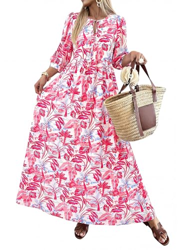 Image of KIRUNDO Maxi Dresses for Women 2026 3 /4 Sleeve Summer Dress | Spring Boho Floral, Drawstring Tie Neck, Loose Fit, Elastic Waist, Pockets, Wedding Guest, Beach Vacation Flowy Long Dress
