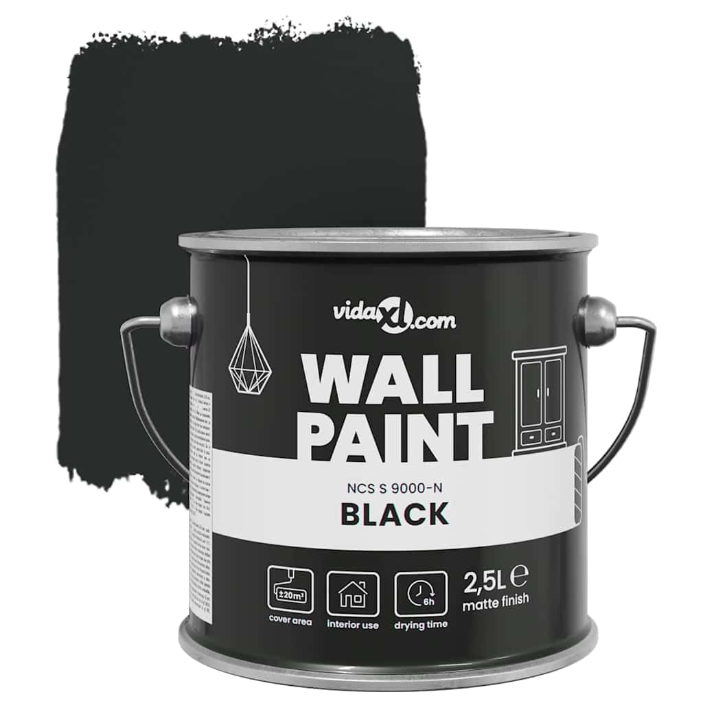 Wandfarbe Schwarz 2,5 L Innenwandfarbe für Wohnzimmer Küche Bad, hochdeckende Dispersionsfarbe, schnelltrocknend und geruchsneutral