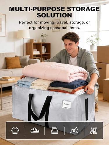 Image of HOMESURE Supports 200lbs Heavy Duty Moving Bags - Strong Zipper & Wrap-Around Handles - Water-Resistant Storage Totes, Durable Alternative to Moving Boxes - 12 Pack - Light Silver