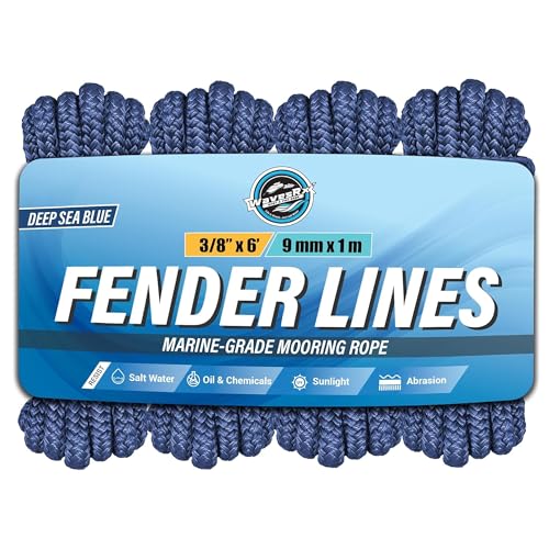Image of WavesRx Premium Fender Line 3 /8'' x 6' (4 Pack) | Double Braided Nylon Boat Dock Lines and Ropes for Docking Buoys & Fenders | Marine Dock Ropes for Boats, Pontoons | Boat Ropes for Docking with Loop