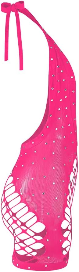 SIQITECHNO Women Sparkle Rhinestone Lingerie Fishnet Bodysuit Sexy See Through Body Suit Cross Neck Mesh Top Rave Outfits - Image 7