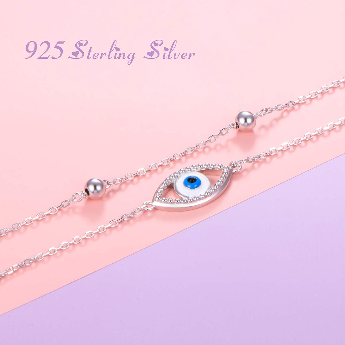 Cavigliera in argento sterling 925, con ciondoli a forma di occhio di Allah e mano di Fatima/farfalla/croce/nodo celtico/cuore, per donne e ragazze, regolabile, 22,8-25,4-28 cm, Argento sterling,