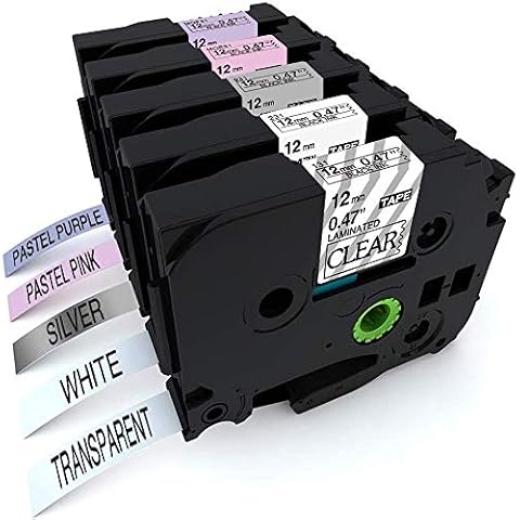 Aken Compatible Label Tape Replacement for Brother Ptouch Labelling Tape TZe-231 TZ-231 12mm 0.47 Inch Black on Pink Purple White Transparent Silver, for Brother Ptouch H105 H500 D210 D600, 5 Pack Cover