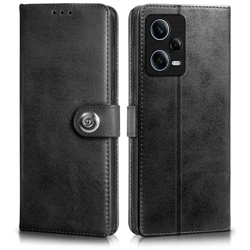 Image of WOW IMAGINE Shock Proof Flip Cover Back Case for Redmi Note 12 Pro 5G (Magnetic Button Flip Case | Wallet Pockets & Stand | Leather Finish | Haze Black)