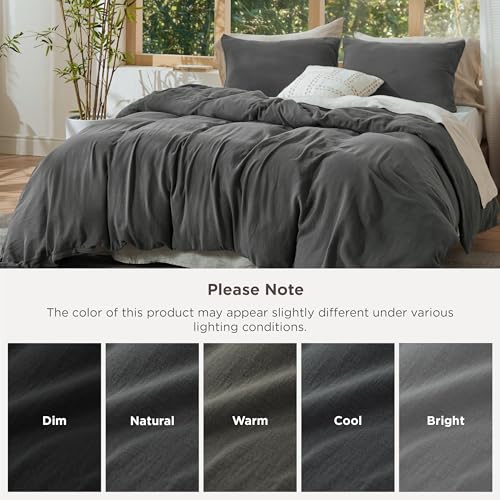 Image of Bedsure Muslin Duvet Cover Queen Size - Cotton Blend Viscose Derived from Bamboo, Cooling Duvet Cover, PureWoven Ultra-Soft & Breathable Bedding Set for All Seasons (Dark Grey, 90 inchx90 inch)