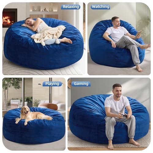 Image of Hobestluk Adults Bean Bag Chair 5FT Big BeanBag Chair Giant Large Oversized | Memory Foam,Washable Cover,Velvet Fabric,Side Pocket,Handle,Bedroom Living Room Big Adults Bean BagReading Gaming | Blue 5FT