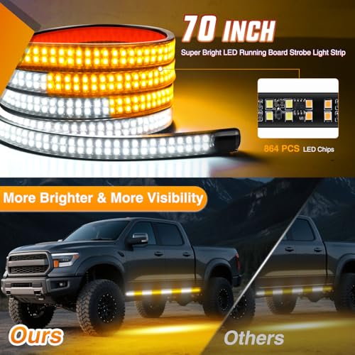 Image of Nilight 2PCS 70 Inch Emergency Strobe Light Strip with Controller 864 LED Amber White Running Board Lights Flexible Side Flashing Warning Caution Safety Waterproof for Truck Construction Pickup
