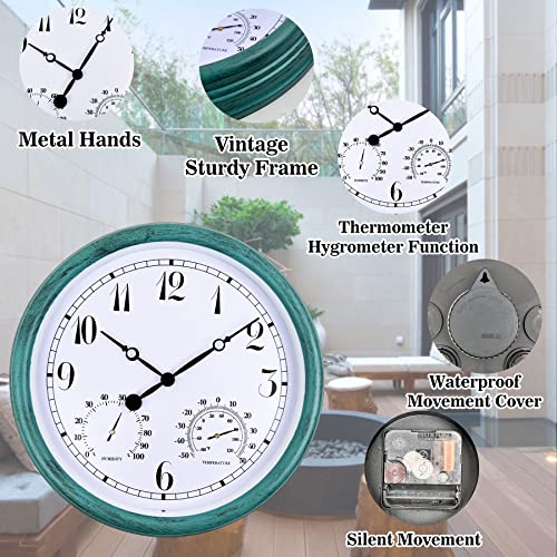 15 Inch Indoor/Outdoor Waterproof Wall Clock, Outdoor Clock With Thermometer And Hygrometer Combo, Retro Round Silent Battery Operated Quartz Wall Clock For Patio Home Bathroom Porch Pool (Green) #TOP2