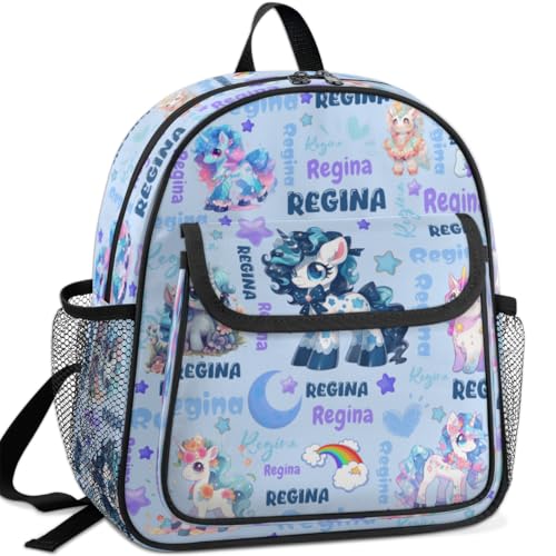 Personalized-Toddler-Backpack - Custom Kids Backpack for Boys & Girls 3-6 Years, Lightweight Polyester with Safety Whistle Strap, Small Daycare Bookbag | Cute Unicorn Blue2