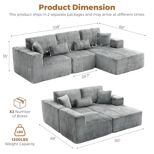 Image of 108 inch Boneless Couch for Living Room, L Shaped Modular Sectional Sofa