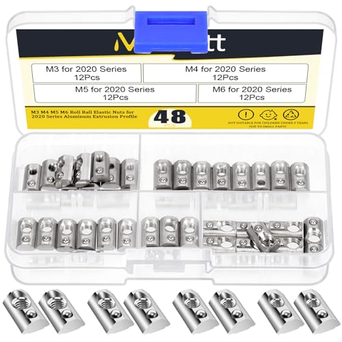 Mardatt 48Pcs 2020 Series M3 M4 M5 M6 Roll in Spring T Nuts, Roll in T Nuts with Ball Spring, Carbon Steel Half Round T Slot Nut Ball Loaded Elastic T Nut for 2020 Series Aluminum Extrusion Profile