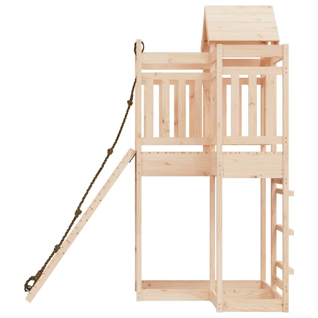 Torre da gioco in legno di pino massiccio con parete da arrampicata e sabbiera per giardino e terrazza, giocattolo da giardino per bambini con scivolo, altalena, arrampicata e dondolo