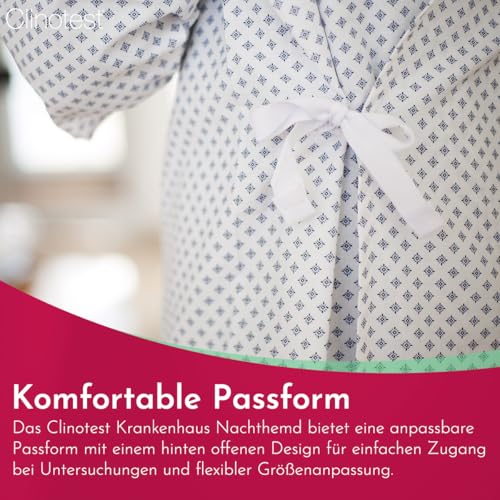 Clinotest Patientenhemd für Erwachsene - 95 Grad waschbares, kochfestes OP Hemd ohne Einlaufen, Unisex Pflegehemd hinten offen, Krankenhaushemd ideal für Kliniken & Pflegeeinrichtungen - 110cm lang