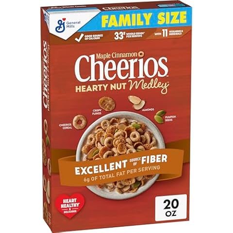Cheerios Hearty Nut Medley Breakfast Cereal, Maple Cinnamon Flavored, Made With Whole Grain, Family Size, 20 oz Cover