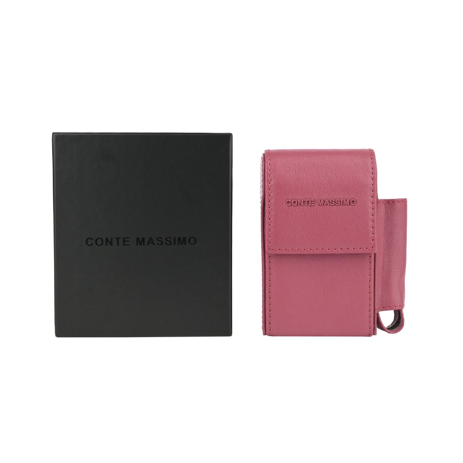 Conte Massimo Estuche para Cigarrillos de Piel Auténtica, con Porta Encendedor, para Hombre y Mujer, Estuche para Paquete y Encendedor