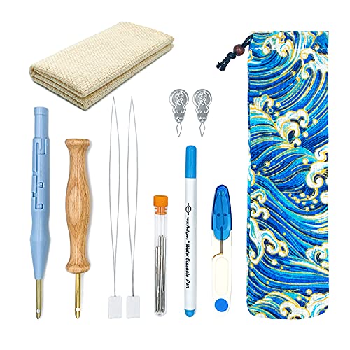 LoengMax 19 Pieces Punch Needle-Embroidery Kits-Wooden Handle Embroidery Pen-Punch Needle Cloth-Needle Threader-Adjustable Punch Needle Kit for Embroidery Floss Cross Stitching