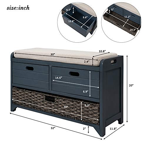 SOFTSEA-Storage-Bench-for-Entryway-Upholstered-Storage-Ottoman-with-Removable-Basket-and-2-Drawers-Farmhouse-Shoe-Bench-with-Seat-Cushion-for-Entryway-Living-Room-Full-Assembled-Navy SOFTSEA Storage Bench for Entryway Upholstered Storage Ottoman with Removable Basket and 2 Drawers Farmhouse Shoe Bench with Seat Cushion for Entryway Living Room Full Assembled Navy