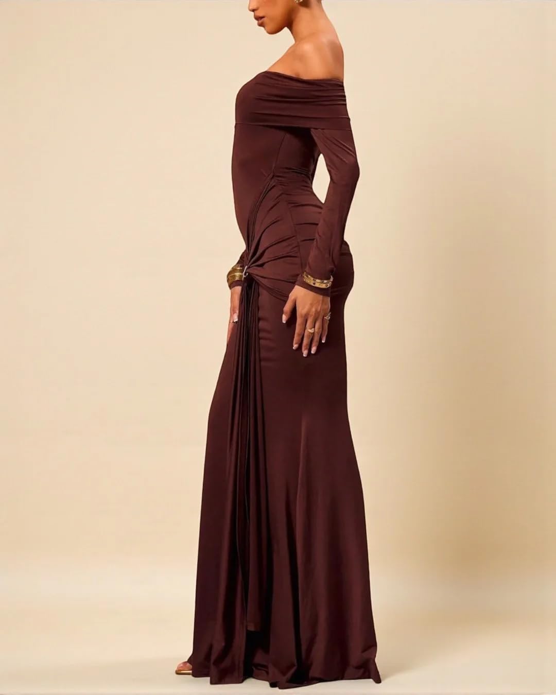 Women's Grace Maxi Dress Off Shoulder Long Sleeve Bodycon Elegant Solid Formal Gown for Wedding Guest - Image 2