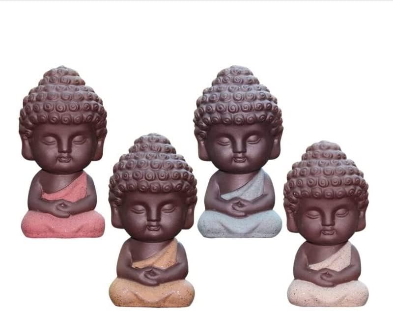 Mini estatua de Buda de cerámica de 4 grapas para decoración de mesa de coche, adorno pequeño adorable monje, esculturas de mandala de yoga para