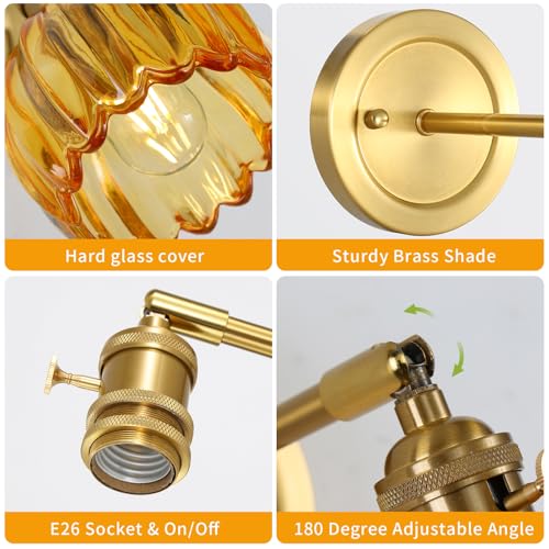 Image of Wall Sconces Set of 2 Vintage Wall Lights Indoor with Amber Glass Shade 180Adjustable,Twist Switch Modern Wall Lighting Fixture for Bedroom Bathroom Doorway Vanity Entryway Living Room