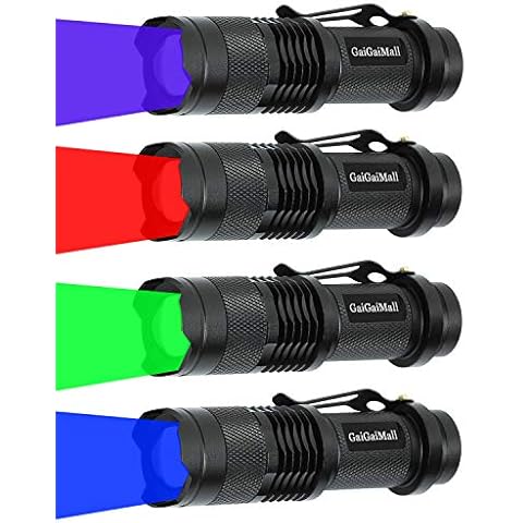 GaiGaiMall 4 Colors Flashlights Including Red Green Blue Black Light Flashlight, 3 Mode Zoomable Led Hunting Torch, 4 Pack Cover
