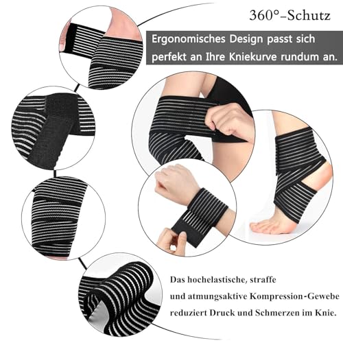 Set van 4 kniebraces 70 cm, gecomprimeerde kniesteun en sportbandage voor krachtsport, fitness en training, elastische bandage voor knieën, armen, ellebogen, kuiten, hand, enkels - Afbeelding 3