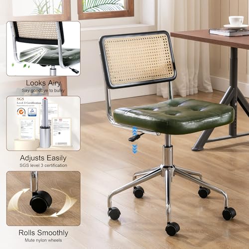Image of Zesthouse Mid Century Home Office Chair, Armless Desk Chair with Rattan Back, Adjustable Height Task Chair Vanity Chair for Girls Women, Upholstered Swivel Chair, Green Faux Leather
