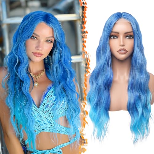 BARSDAR 28 Inch Small Lace Front Synthetic Wavy Middle Part Blue Ombre Wig