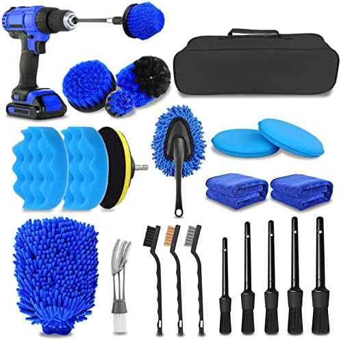 XCVBDE 24Pcs Car Detailing Kit, Car Detailing Brush Set, Auto Detailing Drill Brush Set, Car Cleaning Detailing Brushes, Car Wash Kit, Car Cleaning Tools Kit for Interior, Exterior, Wheels, Dashboard
