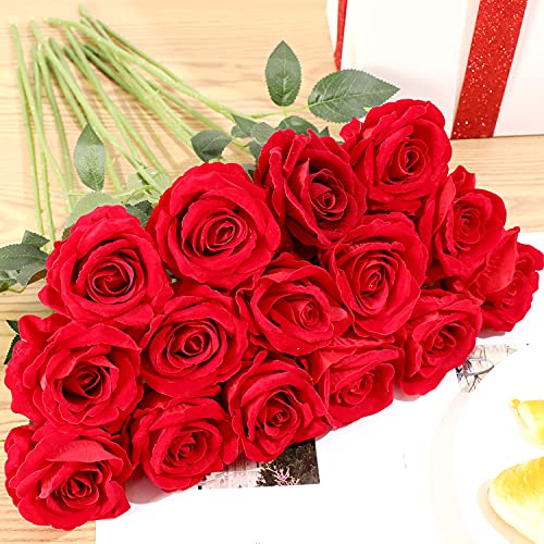 Cloudecor 15Pcs Artificial Roses Velet Real Touch Single Stem Fake Roses Silk Realistic Bouquet Flowers Arrangements Home Office Garden Grave Party Wedding Decoration (Red-15P, Blossom Roses) #TOP7