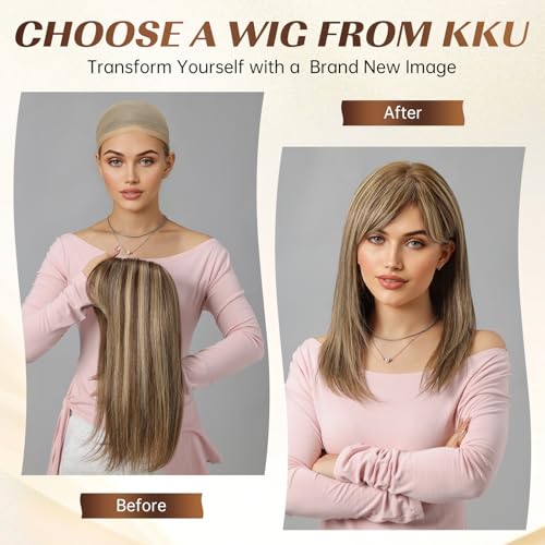 Image of KKU 16 Inch Brown Mixed Blonde Human Hair Wigs for Women, Straight Human Hair Wig with Bangs,Remy Human Hair Wigs,Daily Wig