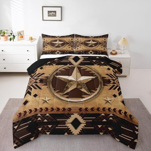 Image of Feelyou Texas Star Comforter Set King Size Boho Cowboy Bedding Set Boys Girls Aztec Comforter Set Wild West Duvet Insert 3Pcs