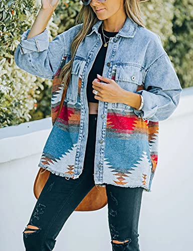 Springrain Womens Aztec Denim Jacket Shacket Lapel Button Down Shirt Jacket Western Jacket For Women(Denim Blue-S) #TOP1