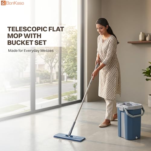 Image of BonKaso Telescopic Flat Mop & Bucket Set with Hands-Free Squeeze System, Microfiber Floor Cleaning Mop for Wet & Dry Cleaning | Includes 2 Reusable Pads for Home, Kitchen, Bathroom & Office | Blue