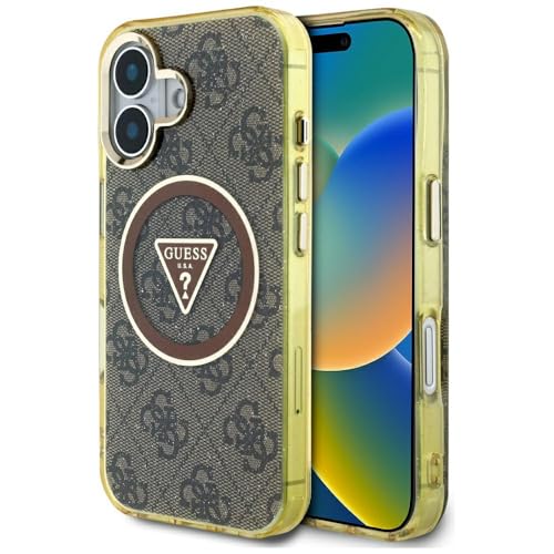 CG Mobile Guess IML Metal Glitter 4G Circle Triangle Compatible avec MagSafe Coque pour iPhone 16 (Marron)