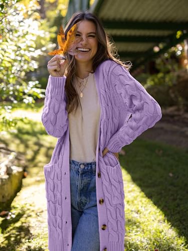 Image of PRETTYGARDEN Long Sleeve Cable Knit Long Cardigan for Women 2026 Spring Winter Chunky Open Front Button Sweaters with Pockets
