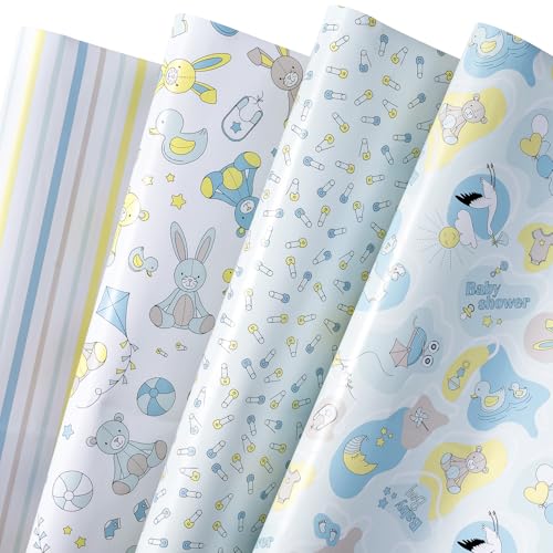 WRAPAHOLIC Baby Boy Wrapping Paper Sheet - 12 Sheets Cute Bear and Small Pin Design Folded Flat for Baby Showers, Celebration, Party - 19.7 Inch x 30 Inch Per Sheet