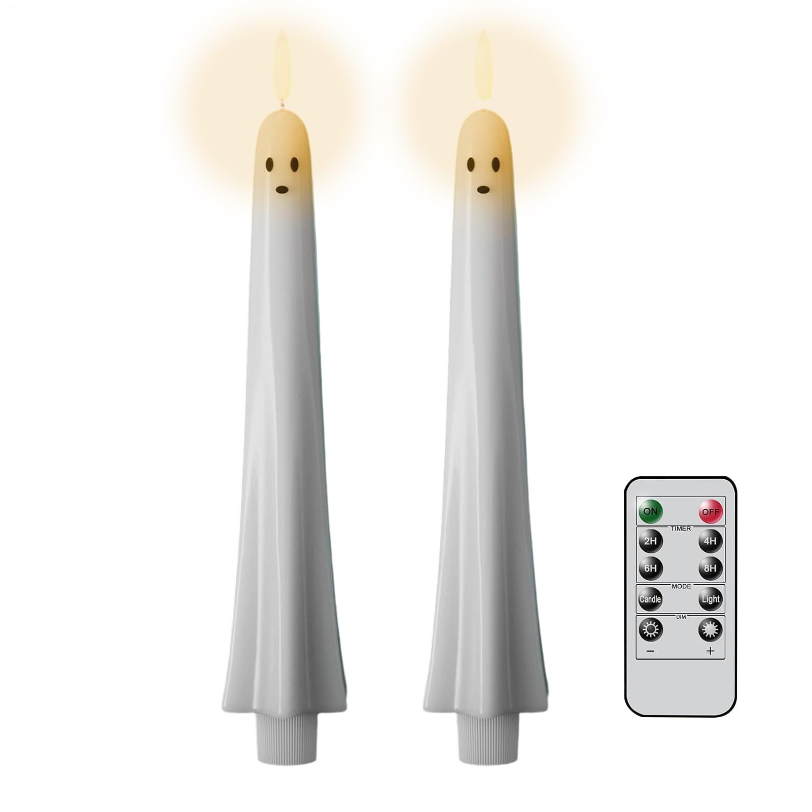 2Pc Halloween Ghost Flameless Candles | Ghost LED Taper Candles | Battery Fake Candle with Remote Control & Timer | Flickering Electric Candle Sticks Halloween Decor for Fireplace & Window