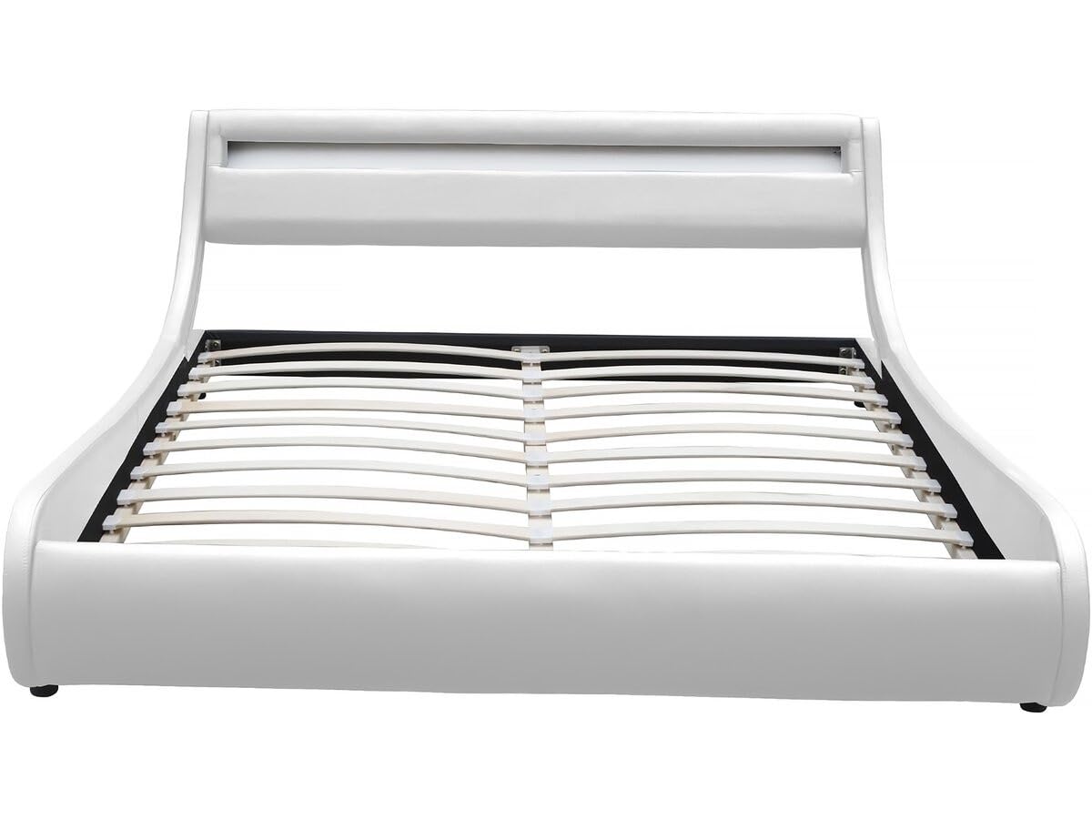 Habitat et Jardin - Lit Double Natacha en Simili Blanc avec LED Intégrées 160 x 200 cm | Cadre de Lit 2 Places Design | Sommier à Lattes Inclus