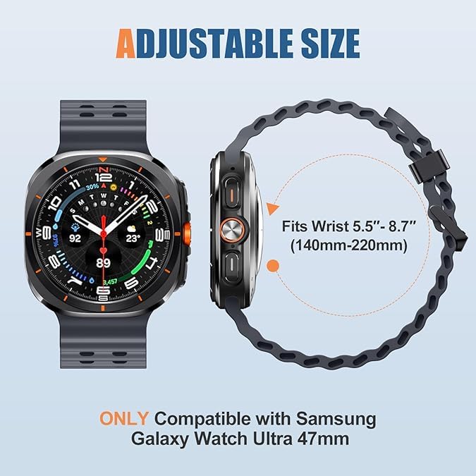 Image of CERLINK Ocean Silicone Sport Bands For Samsung Galaxy Watch Ultra 47MM Band, Adjustable Breathable Soft Waterproof Strap For Galaxy Watch 7 Ultra