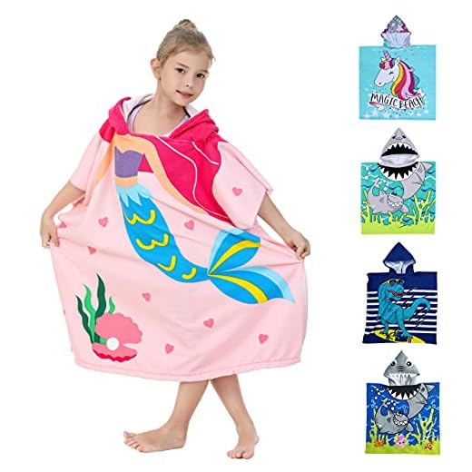 Athaelay - Toallas de baño de microfibra suave para niños de 3 a 10 años con capucha y bolsa portátil (sirena rosa grande, se adapta a 3 a 10 años)